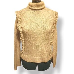 Woolrich Turtleneck Sweater Beige Fringe Boho Hippy Wool Blend Womens Small